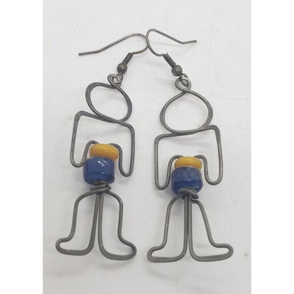 Vintage Earrings Wire Figural Man Person Handmade 1970s Person Boho Glass Beads - Picture 2 of 8